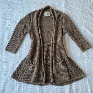 Anthropologie Vintage Angel of the North 3/4 Sleeve Open-Knit Cardigan Brown